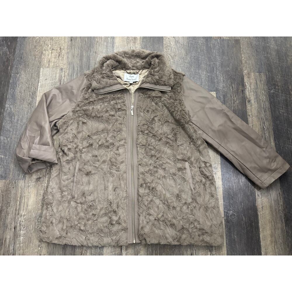 Dennis Basso Sterling‎ Faux Fur Faux Leather Mixed Media Jacket Taupe Womens 2X